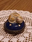  Sleeping Calico Cat Hinged Trinket Box  Enameled Porcelain Cobalt Gold Stars 2 