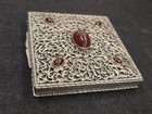 Antique Italian 800 Silver Filigree Powder Compact Square 5 Carnelian Cabochons 