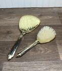 Antique Vintage Metal Gold Vanity Mirror And Hair Brush Set Handheld