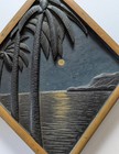 Vintage Hawaii Moonlight  Beach  Palm Trees - Carved Wood Painting Folk Art