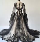 Gothic Black Wedding Dresses Long Sleeves Sweep Train Lace Applique Bridal Gowns