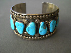 Heavy Native American Navajo Turquoise Row Sterling Silver Stamps Bracelet 72g