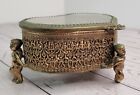 Filigree Jewelry Casket Vtg Beveled Glass Cherub Feet Trinket Box Gold Felt Read