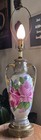 Antique Hand Painted Roses Porcelain Table Lamp With Brass Base 