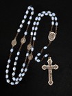 Sterling Vintage Catholic Rosary Blue Opaline Satin Glass Beads Crucifix Medals
