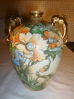 Vintage Made In Japan Nippon Ornate Floral 10  Vase W  Gilded Seahorse Handles