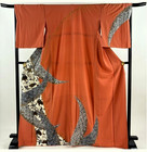 Japanese Kimono homongi  Silk  Gld Thread leaf plants hand Fan orange l5 5  4685