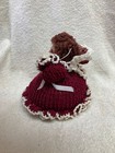 Vintage 6  Crochet Pillow Doll Maroon   White Lace Boudoir Dresser Bed Doll Hand