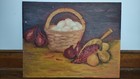 Vintage Original Artwork Still Life Painting Vegetables Eggs Basket Onions Beans