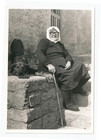 Vintage Photo Old Elderly Woman In Headscarf With Dog Sitting On Stone Stairs