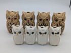 Vintage Ceramic Art Pottery Owl Figurines Lg Macrame Beads Set Of 8