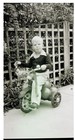 Black   White Negative   Snapshot Little Boy On Trycycle Garden Trellis