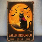 Salem Broom Co Black Cat Moon Bat Vintage Metal Plaque Halloween Wall Decor Sign