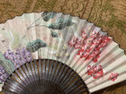 Antique Japanese Folding Hand Fan     Paper   Wood     Floral Design - 1930 s