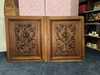 Pair Antique French Solid Walnut Wood Highly Carved Panels Fruit   Bow 22 24x27
