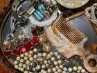 Vintage Vanity Jewelry Lot Mirrored Tray Pearls Compact Comb Mirror Scissors