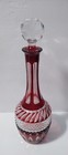 Vtg Cranberry Cased Cut-to-clear Engraved Cut Glass Decanter - Faceted Stopper