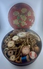 Tin Of Vintage Sewing Notions And Ribbons 20 Original Wooden Spools 1930s-1940s