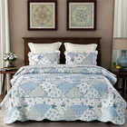 Blue Floral Patchwork Quilt Set  Full Queen Size  3 Piece Bedding Set With 2 Pil