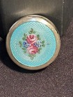 Vintage Wells Sterling Silver Guilloche Enamel Pill Box Turquoise Floral