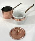 Vintage French Copper   Porcelain Brass Handles Double Boiler     Apilco France