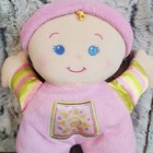 Fisher Price Pink Baby Doll Rattle Plush 10  Stuffed Animal Toy Blue Eyes Satin