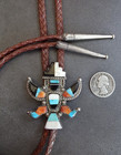 Vintage Sterling Silver Zuni Knifewing Inlay Bolo Tie Brown Leather Cord 925 Tip