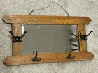 Antique Vintage Solid Oak Wall Mirror With Hat Coat Hooks