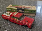 Vintage Toymaster Japan Tin Litho Friction Fire Chief Metal Car With Box