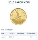 Bermuda  5 Dollars 2010  1 20th Oz Gold  Cahow Bird   Qeii  Gem Proof  Mint  500
