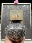 Antique Tanjore Indian Silver Overlay Pot With Hindu God And  Deity Reliefs
