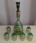 Vintage Mcm Boho Emerald Green   Gold Liquor Decanter W stopper   6 Glasses