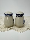 Vintage Blue Heart Spongeware Salt Pepper Shakers Country Farmhouse Stoneware
