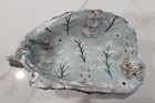 Decoupaged Mint Rabbit Print Oyster Shell Ring Dish Trinket Jewelry Holder 