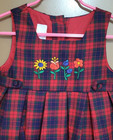 Samara Girls Size 2t Plaid Jumper Dress Red Blue Floral Embroidery Pleats Vtg