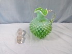 Fenton Green Opalescent Glass Hobnail Cruet W  Stopper