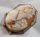 Antique 1920s 14k White Gold  Filigree Habille Italian Cameo Pin Brooch Diamond