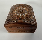 Vtg Persian Wood Jewelry Box Mosaic Inlay Mother Of Pearl Hinged Trinket Chest