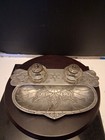 Vintage Silver Metal Footed Inkstand With Double Cut Glass Inkwells With Lids  