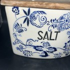 Vintage Salt Box Czech Ceramic Hanging Blue   White Hinged Wood Lid Floral