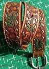 Vintage Tooled Leather Western Style Belt Acorn   Leaf Design Gold Lacing Sz 32