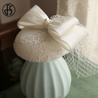 White Satin Fascinator Hat Wedding Hair Clip Lace Applique Flower Veil Headpiece