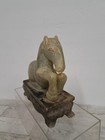 Rare Vtg Asian Genuine Natural Hand Carved Stone Kneeling Horse Statue On Stand 