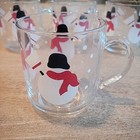 Set Of 4 Vintage Snowman Clear Glass Coffee Cups Mugs Luminarc Holiday Christmas