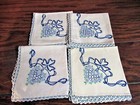 4 Vtg Luncheon Napkins Cream Cotton Blue Hand Embroidery Flowers Ribbons Hearts