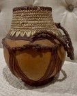 Vintage African Woven Calabash Gourd Water Vessel Jug Basket Lid Complete Set 
