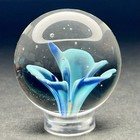 Vintage Handmade Contemporary Borosilicate  Blue Flower Clear Glass Marble 33mm