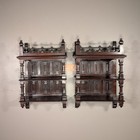 Antique French Gothic Carved Oak Wood Wall Cabinet Shelves Matching Pair