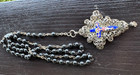 Antique Silver Filigree Rosary Black Beads Enamel Crucifix Catholic 15 