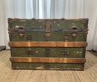 Antique Small-medium Green Canvas-covered Steamer Trunk Wood Slats Patina
